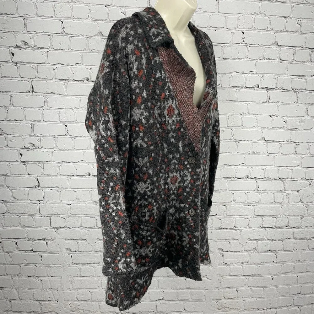 Free People Grey Print Wool Alpaca Blend Button Up Collar Cardigan Size Medium M